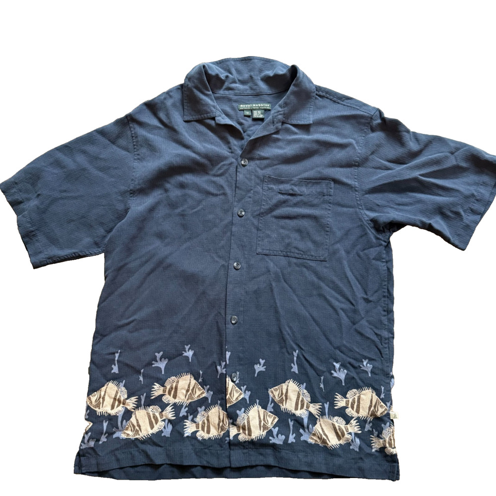 Vintage 1990s Royal Robbins Silk Fish Camp Shirt Mens M Navy 100% Silk